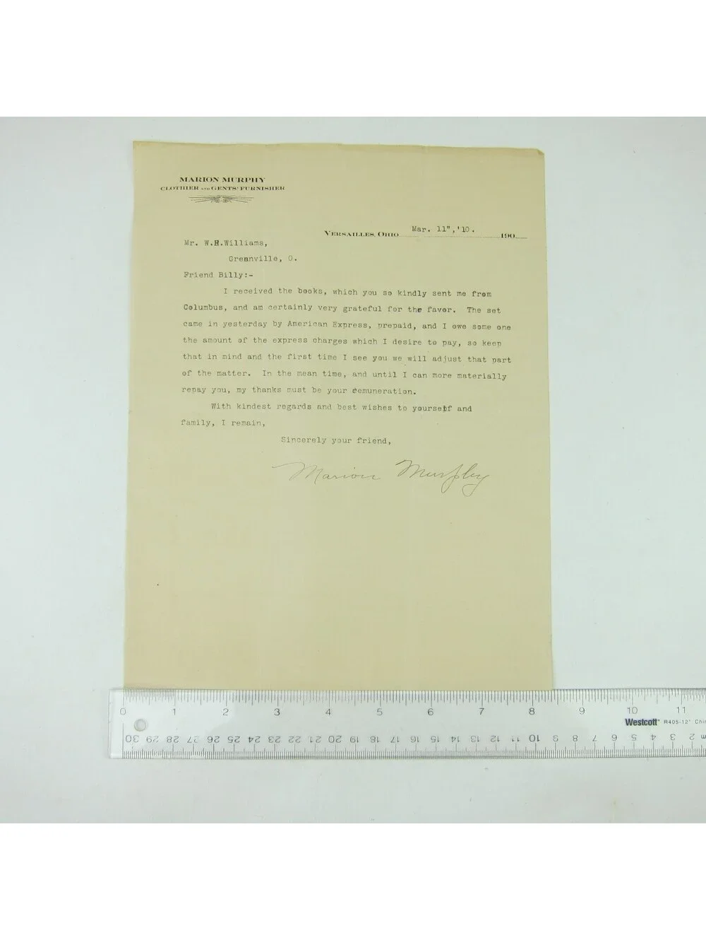 Letterhead Marion Murphy Clothier Versailles Ohio to W.H. Williams Antique 1910